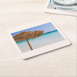Porta-copo De Papel Quadrado Praia Tropical Cênica com Guarda-sol de Palha
