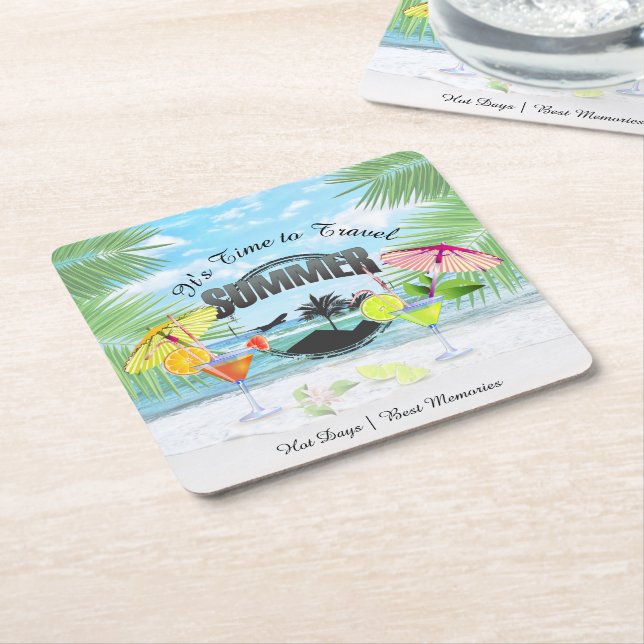 Porta-copo De Papel Quadrado Praia Tropical, Férias de Verão | Personalizado (Inclinado)
