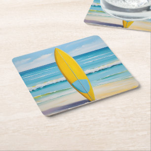 Porta-copo De Papel Quadrado Prancha de surf azul e amarela na praia