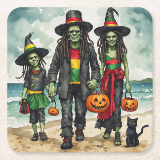 Porta-copo De Papel Quadrado Prato de Halloween de Praia da Família Zumbi