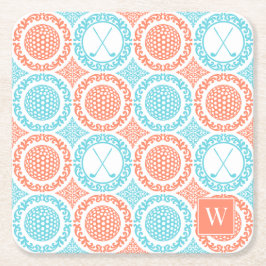 Porta-copo De Papel Quadrado Preppy Golf Damask - Balls & Clubs Coral Turquoise