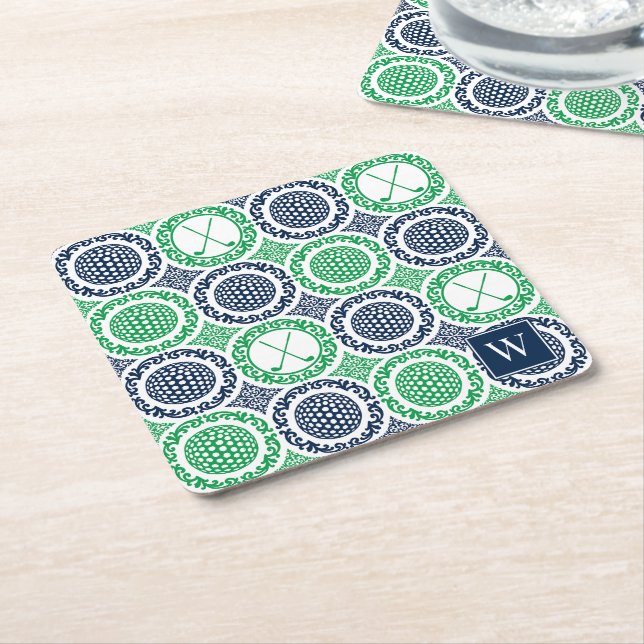Porta-copo De Papel Quadrado Preppy Golf Damask - Balls & Clubs in Navy & Green (Inclinado)