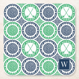 Porta-copo De Papel Quadrado Preppy Golf Damask - Balls & Clubs in Navy & Green