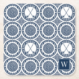 Porta-copo De Papel Quadrado Preppy Golf Damask - Balls & Clubs in Navy & White
