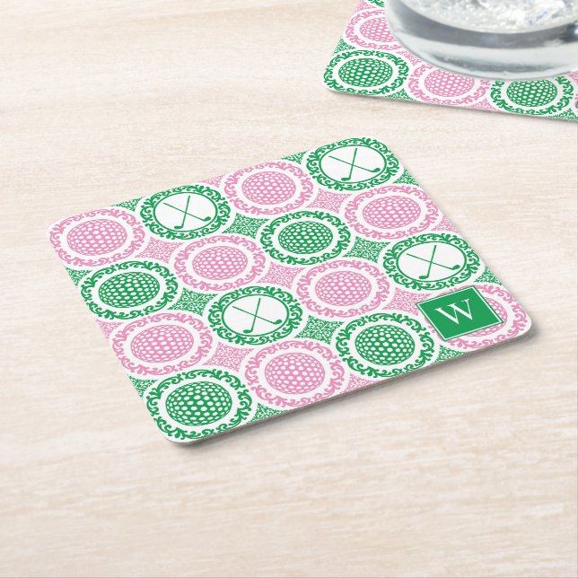 Porta-copo De Papel Quadrado Preppy Golf Damask - Balls & Clubs - Pink & Green (Inclinado)