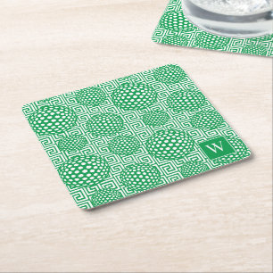 Porta-copo De Papel Quadrado Preppy Golf Greek Key - Verde Clássico e Branco