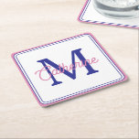 Porta-copo De Papel Quadrado Preppy Pink and Navy Blue Simple Monogram<br><div class="desc">These preppy monogrammed coasters feature a simple monogram in shades of pink and navy blue on white with a matching pink and navy border.  Personalize the monogram with your choice of name and initial.</div>