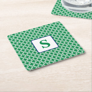 Porta-copo De Papel Quadrado Preppy Verde Branco Padrão de Link Azul Monograma