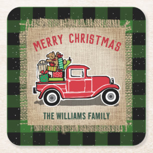 Porta-copo De Papel Quadrado Presentes de Caminhão Vermelho Vintage Plaid Xmas 