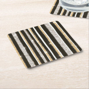 Porta-copo De Papel Quadrado Preto Branco Dourado Prata Brilho Listras Ano Novo