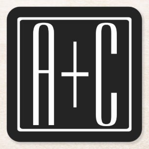 Porta-copo De Papel Quadrado Preto & Branco Iniciais de Casais