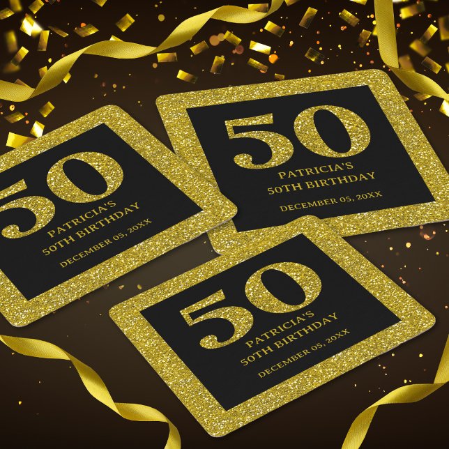 Porta-copo De Papel Quadrado Preto clássico e Festa de aniversário brilhante Do (Classy Black Gold Glitter 50th Birthday Party favors glittery glam classy  coasters)