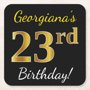 Porta-copo De Papel Quadrado Preto, Faux Dourado 23º Aniversário + Nome Persona