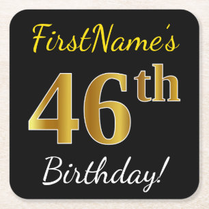 Porta-copo De Papel Quadrado Preto, Faux Dourado 46º Aniversário + Nome Persona