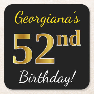 Porta-copo De Papel Quadrado Preto, Faux Dourado 52º Aniversário + Nome Perso