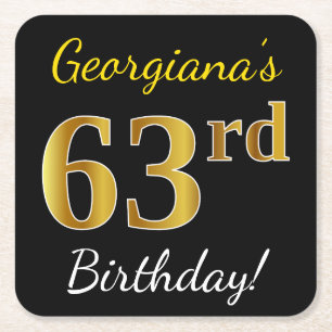 Porta-copo De Papel Quadrado Preto, Faux Dourado 63º Aniversário + Nome Persona