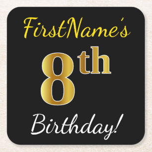 Porta-copo De Papel Quadrado Preto, Faux Dourado 8º aniversário + Nome Personal