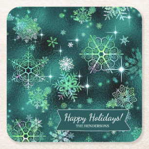 Porta-copo De Papel Quadrado Prettiest Snowflakes Green ID846