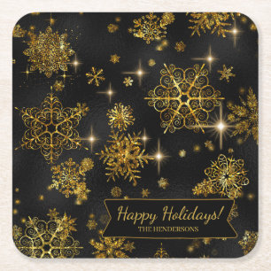 Porta-copo De Papel Quadrado Prettiest Snowflakes Padrão Dourado/Black ID846