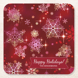 Porta-copo De Papel Quadrado Prettiest Snowflakes Padrão Red ID846