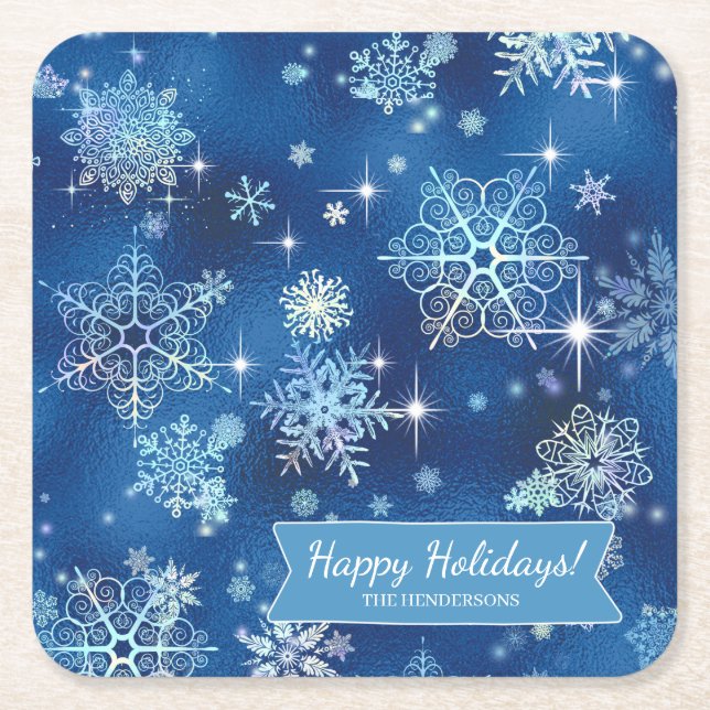 Porta-copo De Papel Quadrado Prettiest Snowflakes Standard Blue ID846 (Frente)