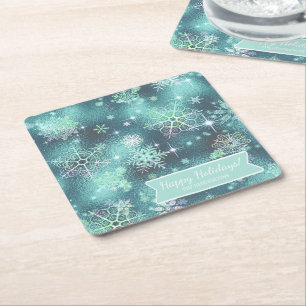 Porta-copo De Papel Quadrado Prettiest Snowflakes, Teal ID846