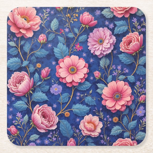 Porta-copo De Papel Quadrado Pretty pink and blue floral pattern (Frente)