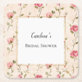 Porta-copo De Papel Quadrado Pretty Pink Cream Roses Floral Bridal Shower  