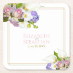 Porta-copo De Papel Quadrado Primavera de Pastel, Cor-de-rosa e casamento Doura<br><div class="desc">Torne sua recepção de casamento bonita com essas portas copos personalizadas. Apresenta um texto dourado e cor-de-rosa sobre fundo branco com uma borda de quadrados offset dourada e um belo buquê pastel de flores, incluindo rosas cor-de-rosa, lírios e orquídeas brancos, e hidrangea púrpura ou lavanda leve. O texto apresenta o...</div>