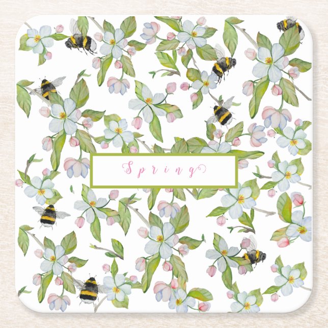 Porta-copo De Papel Quadrado Primavera jardim florescente e mamangabas (Frente)