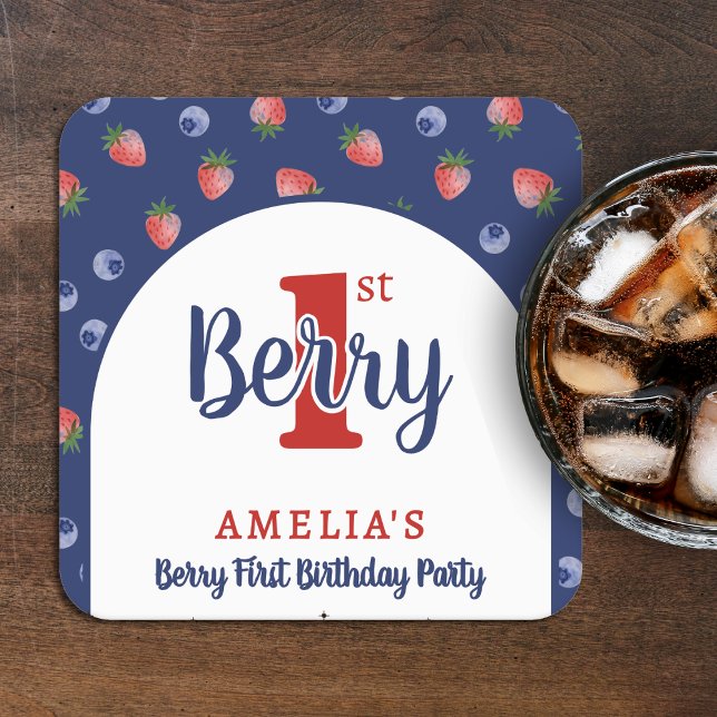 Porta-copo De Papel Quadrado Primeiro aniversario de Berry Strawberry Blueberry (Berry 1st Birthday Party Strawberry Blueberry Blue Square Paper Coaster
)