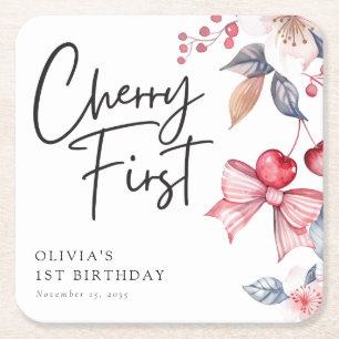 Porta-copo De Papel Quadrado Primeiro aniversario de coquete de Cherry First Pi