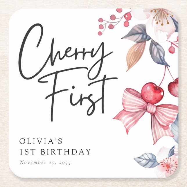 Porta-copo De Papel Quadrado Primeiro aniversario de coquete de Cherry First Pi (Frente)