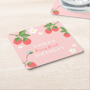Porta-copo De Papel Quadrado Primeiro Aniversário Menina Morango Pink Berry