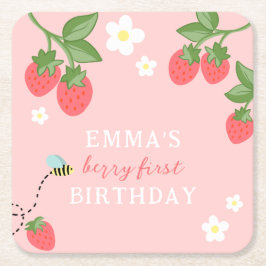 Porta-copo De Papel Quadrado Primeiro Aniversário Menina Morango Pink Berry