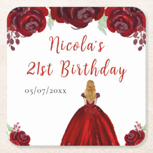 Porta-copo De Papel Quadrado Princesa de Cabelo Loiro Floral Vermelho Aniversár