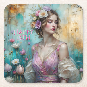 Porta-copo De Papel Quadrado Princesa de Rosa, Feliz Aniversário 15 anos *perso