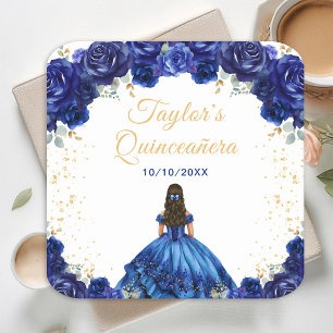 Porta-copo De Papel Quadrado Princesa Floral Azul Escuro Quinceañera