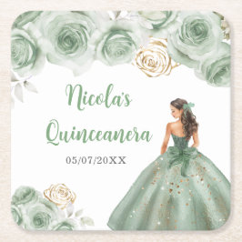 Porta-copo De Papel Quadrado Princesa Floral em Sage Green Dress Quinceanera