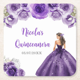 Porta-copo De Papel Quadrado Princesa Floral em Vestido Roxo Escuro Quinceanera