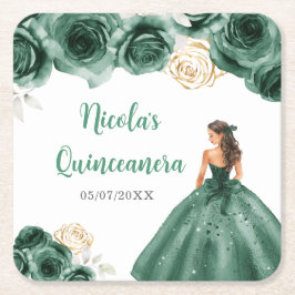 Porta-copo De Papel Quadrado Princesa Floral em Vestido Verde Escuro Quinceaner