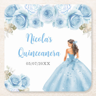 Porta-copo De Papel Quadrado Princesa Floral, Quinceanera Azul