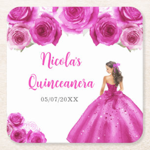 Porta-copo De Papel Quadrado Princesa Floral, Quinceanera, Vestido Rosa Quente