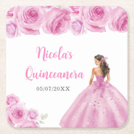 Porta-copo De Papel Quadrado Princesa Floral, Vestido de Rosa claro Quinceanera