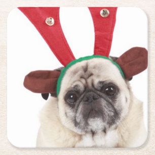 Porta-copo De Papel Quadrado Pug de vista embaraçado que veste os Antlers da