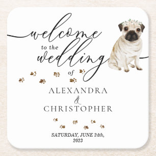 Porta-copo De Papel Quadrado Pug Dog Puppy Bem-vindos ao casamento