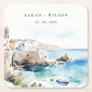 Porta-copo De Papel Quadrado Puglia, Itália Paisagem Aquarela Casamento