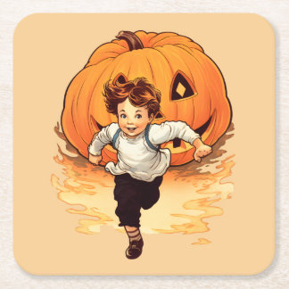 Porta-copo De Papel Quadrado Pumpkin de Halloween, Menino Feliz