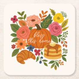 Porta-copo De Papel Quadrado Pumpkin Floral Bless This Home Coaster Fall