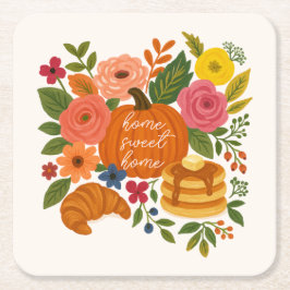 Porta-copo De Papel Quadrado Pumpkin Floral Home Sweet Home Coaster Fall